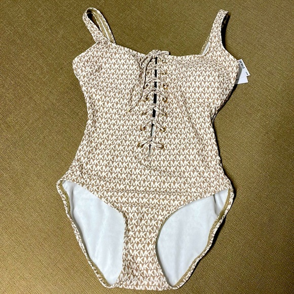 Michael Kors Signature Print Tan one piece drawstring chest bathing suit - Picture 1 of 5